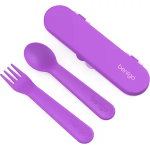 Kids Utensil Set - Reusable Plastic Fork, Spoon & Storage Case - BPA-Free Materials, Easy-Grip Handles, Dishwasher Safe - Ideal for School Lunch, Travel, & Outdoors (Purple)