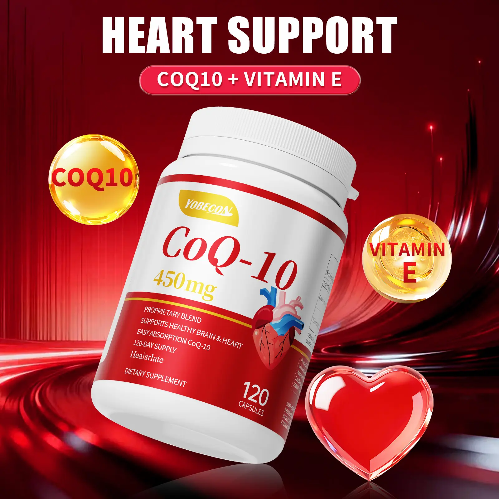 Yobecon CoQ10 Coenzyme & Vitamin E Daily Dietary Supplement Capsules (120-Day Supply, 3 Years Shelf Life) - Antioxidant Support for Cardiovascular & Brain Health, Ideal for Seniors, Dietary Nutrition Supplement