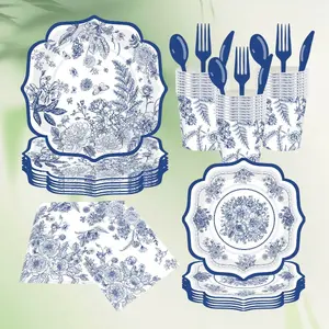 Vintage Blue and White Disposable Tableware Set  Luxury Floral Dinner Plates Cups Cutlery for Wedding & Picnic