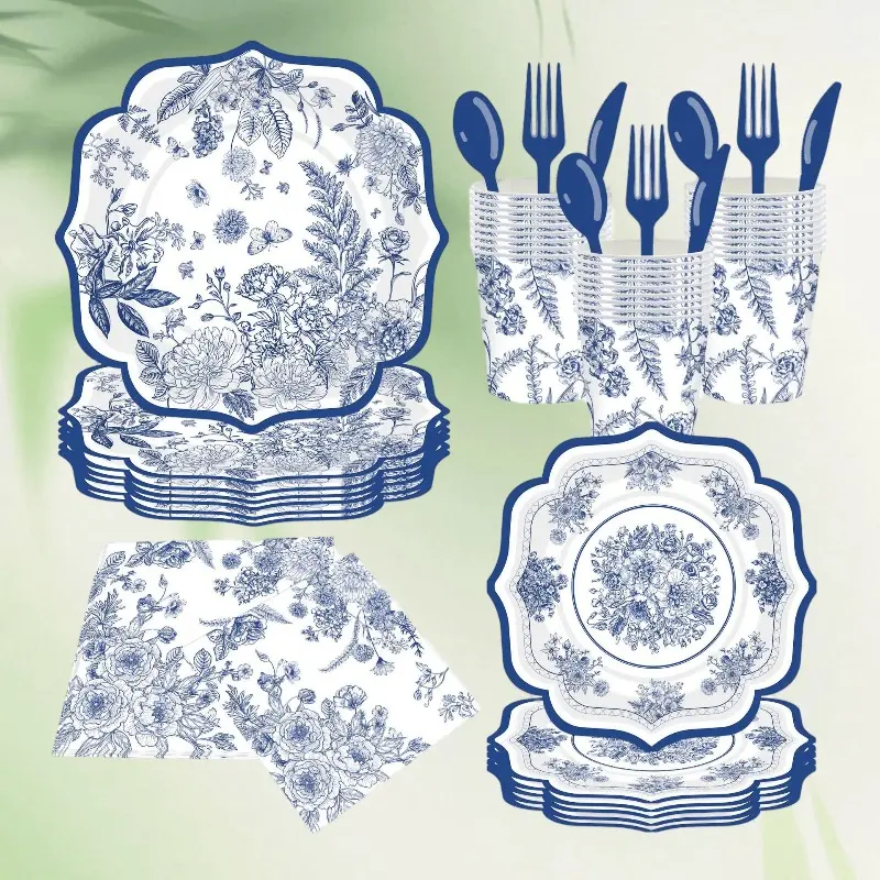 Vintage Blue and White Disposable Tableware Set  Luxury Floral Dinner Plates Cups Cutlery for Wedding & Picnic Party Tableware Supplies Floral Plastic Plates Disposable Dinnerware Sets