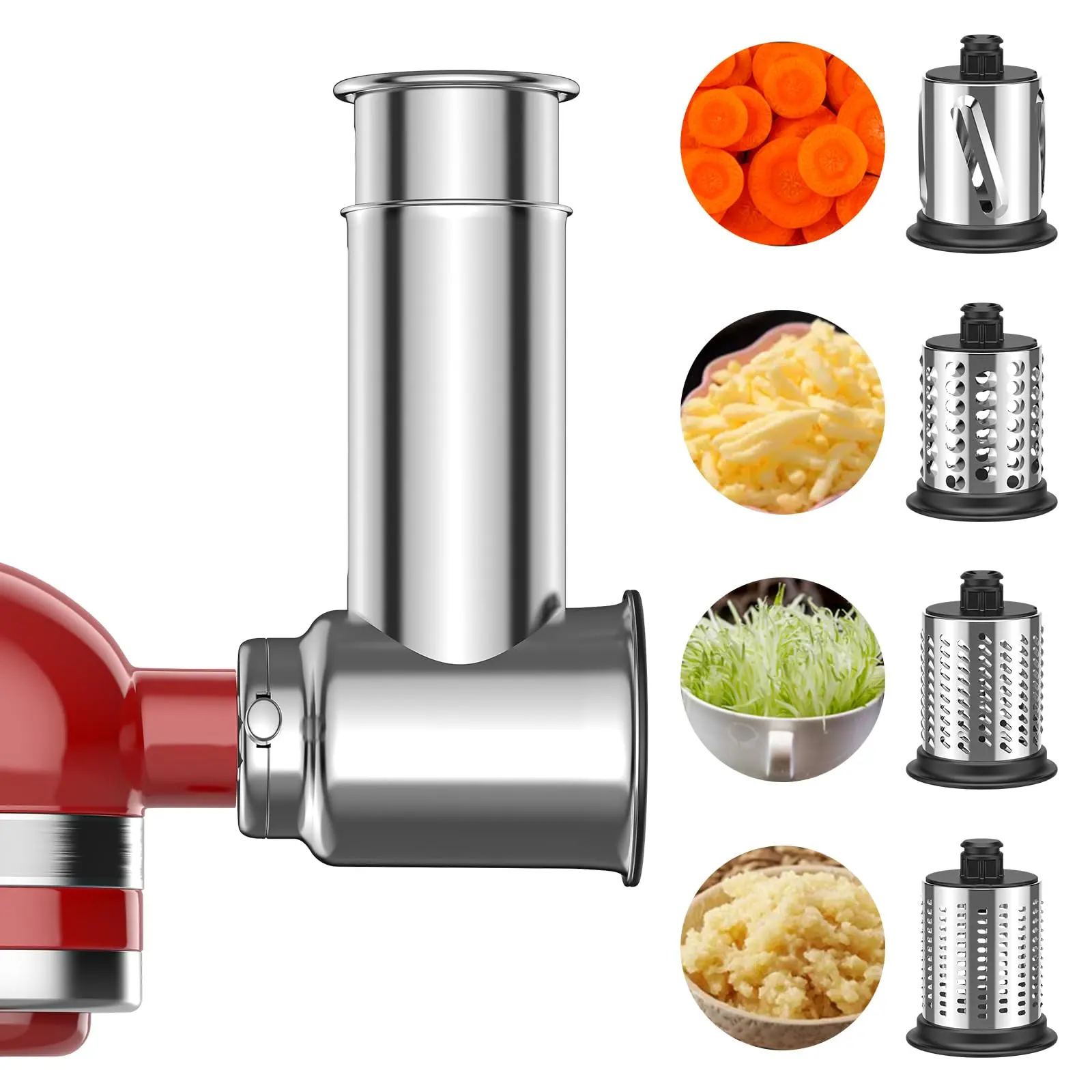 Stainless Steel Slicer Shredder Attachment Mandolines for KitchenAid Stand Mixers - Food Prep Utensils with 4 Blades, Vegetable Slicer, Cheese Grater, Salad Maker, Powder Grinder, Dishwasher Safe, Stainless Steel With 4 Blades, Multi-Blade