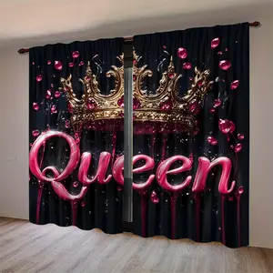 2pcs Letter and Gem Crown Print Curtains, Window Curtain, Home Decoration Curtain, Room Decor Curtain, HD Digital Printing, Rod Pocket Installation, 100% Polyester, All-Season Decorative Drapes