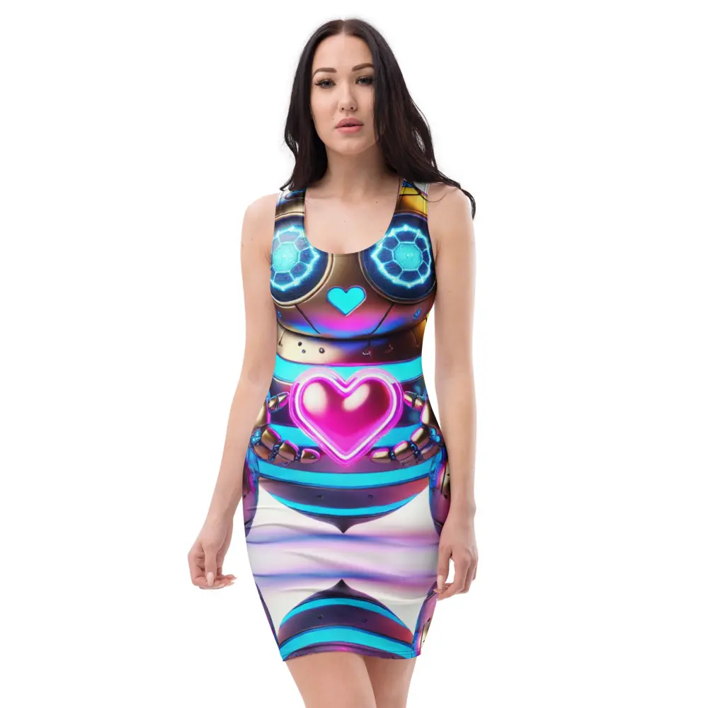 Robot Bee Heart Bodycon Dress, Neon Cyberpunk Festival Rave Outfit, EDM Techwear Party Mini Dress, Sci-Fi Cute Cyber Dress Casual Fabric Womenswear Comfortable