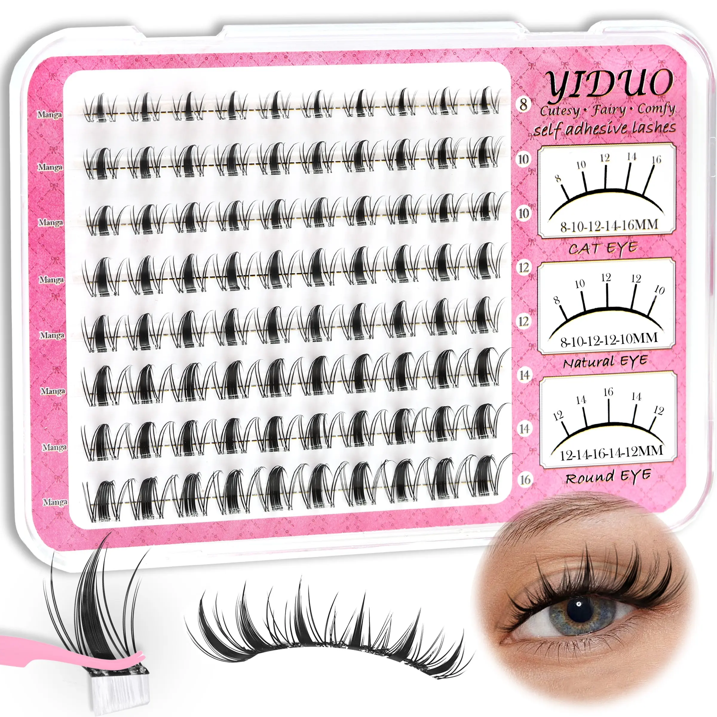 YIDUO Self-adhesive false eyelash clusters Manga style Glue-free Eyelash extensions Lightweight D-curl Clustered false lashes 8-16mm Pre-glued clusters Individual lashes Effortless makeup application Cosmetic Eyelashes Extensions Eyelash Extensions Set