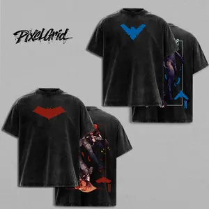 Red Hood - Nightwing Print Cotton T-shirt, Vintage Graphic Tee Washed For Fans Super Hero Movie, Printed Crew Neck T-Shirt Oversize, Graphic Game Lover Tee Streetwear T-shirt Menswear