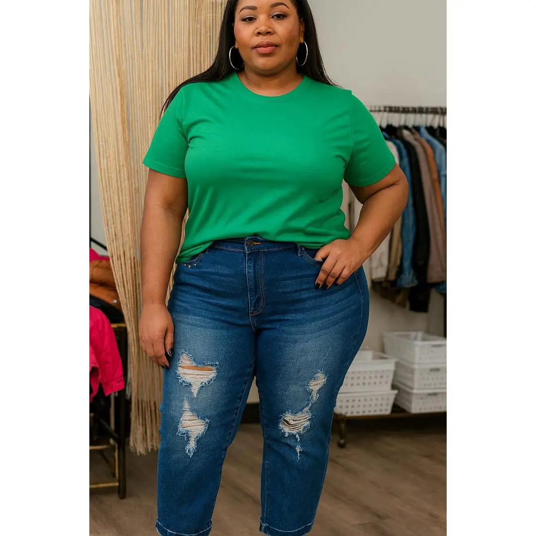 Women's Plus Size Casual Fit Jeans - Sustainable 100% Recycled Polyester Bottoms with Studded Design and Functional Buttons