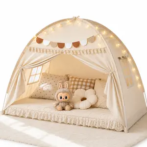 49x77x40cm Golden Beige Large Twin Bed Canopy Tent with Lights, Flags - Toddler Indoor Privacy Play & Sleeping Tent, Soft Creative Kids Bedroom Leisure & Outdoor Recreation Equipment
