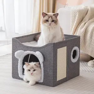 Hot Sale Wholesale Modern Solid Cat Bed for Indoor Cats Foldable Double Decker Cat House with Scratch Plate Multi - Function Cat Furniture Pet Nest