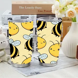 1pc 20oz Stainless Steel Insulated Tumbler, Cute Cartoon Bumblebee Print, Water Bottle,  Straw Included, for Car, Home, Outdoor, Camping, Christmas Holiday Use, Summer Cool Bottle Drinking Cup for Home Office School, Drinkware