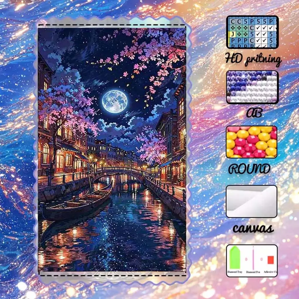 DIY 5D flocking diamond painting kit, AB diamonds, fairy dust diamonds, crystal diamonds, night scene, moon, cherry blossoms, diamond embroidery, special craft art kit, wall decor, Handmade Gifts, gift for family, loved ones, friends.