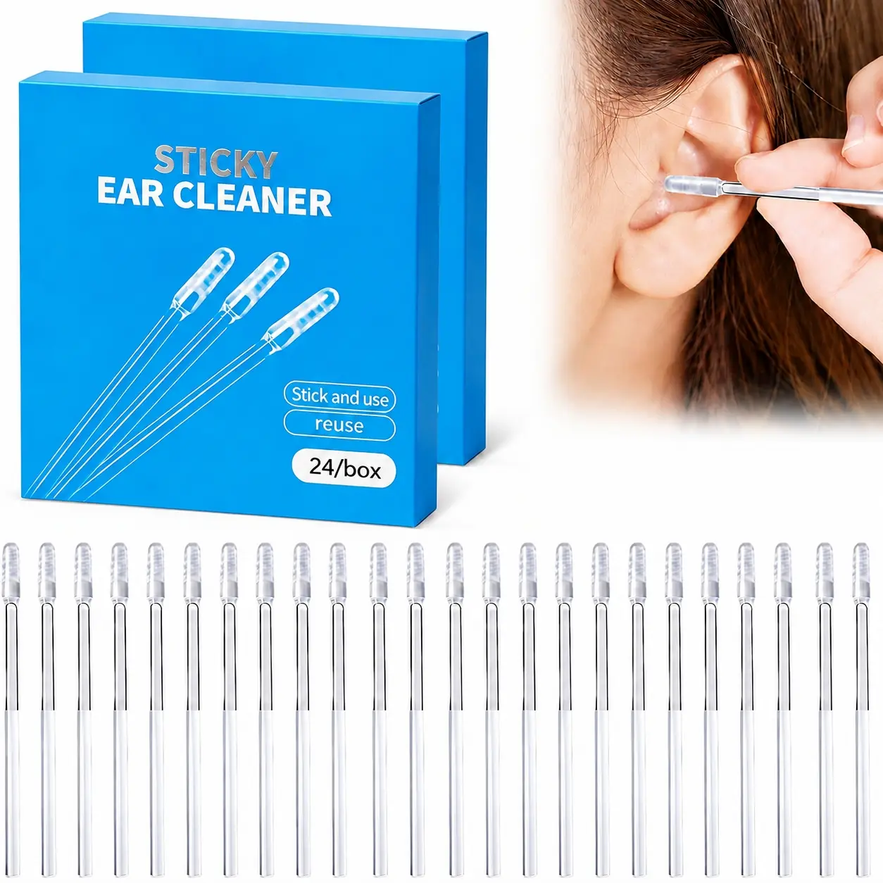 2026 New Sticky Ear Cleaning Stick, Sticky Ear Cleaner Gentle Ear Care, Reusable Soft, Portable Ear Pick for All Ages (1 Box/24 PCS)