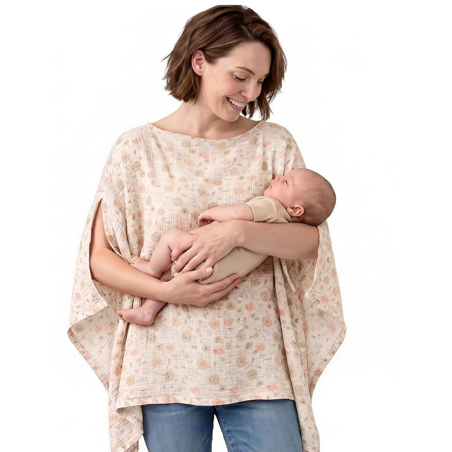 100% Muslin Nursing Cover, 360° Full Privacy Breathable Breastfeeding Cover, Multi-Use Lightweight Car Seat Canopy & Stroller Cover for Newborn Baby - Peach Rose