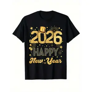 Unisex 2026 Happy New Year Glitter Graphic Tshirt, Menswear Short Sleeve Round Neck, 180gsm Heavyweight Streetwear Top, Black with Golden Lettering & Confetti Print, Regular Fit, Casual & Party Wear for NYE Celebration, All-Season Shortsleeve
