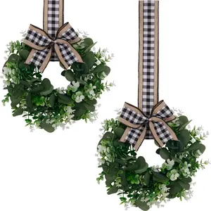 2 Piece 14 Inch Bowknot Eucalyptus Leaf Wreath, Decorative Floral Garland for Home Decoration, Perfect for Weddings and Events, Faux Floral Garland