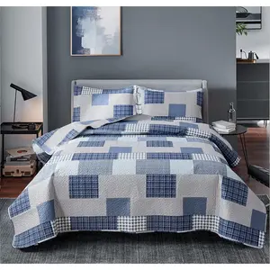 Bedspread Set Queen/Full Size Bedding Queen Grey Blue Patchwork Lightweight Bedspread Home Reversible Coverlet-Soft 3 Piece Set