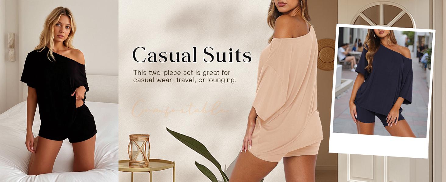 Fisoew Women’s Casual Two Piece Lounge Set Off Shoulder Top & Fitted Shorts Springtok Loungewear Pajama Nightwear Womenswear Clothes Matching pajama pants pajamas sets for women pajama sets women pj sets for women pajamas