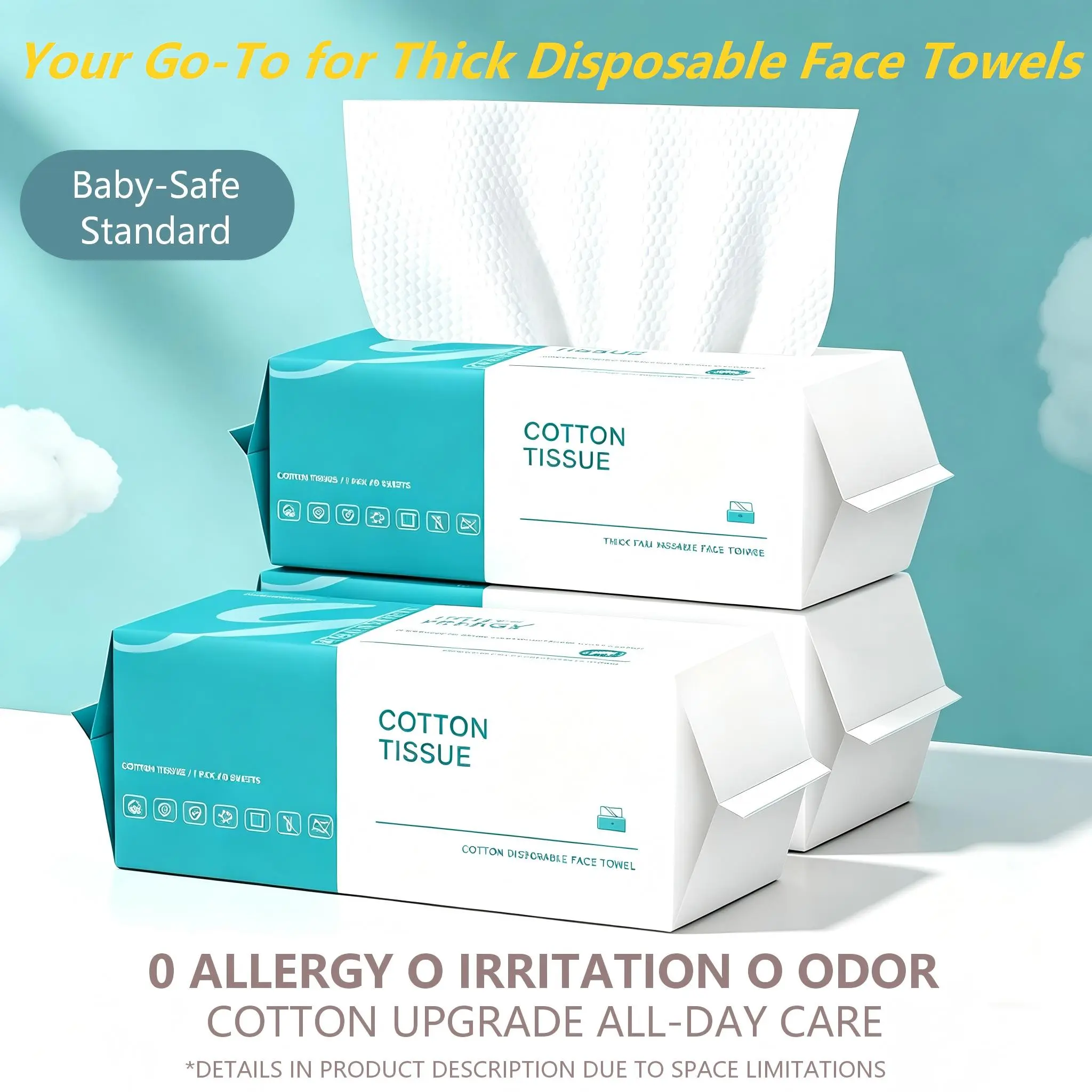 100% Chemical-Free Pure Cotton Disposable Facial Towel Sheets, 60-Count Oversize 20cm Pack - Thick, Soft, Smooth Flat Side, Lint-Free, Multifunctional Cleanser for Sensitive Skin, 3x Water-Absorbent Bathroom Home Supply
