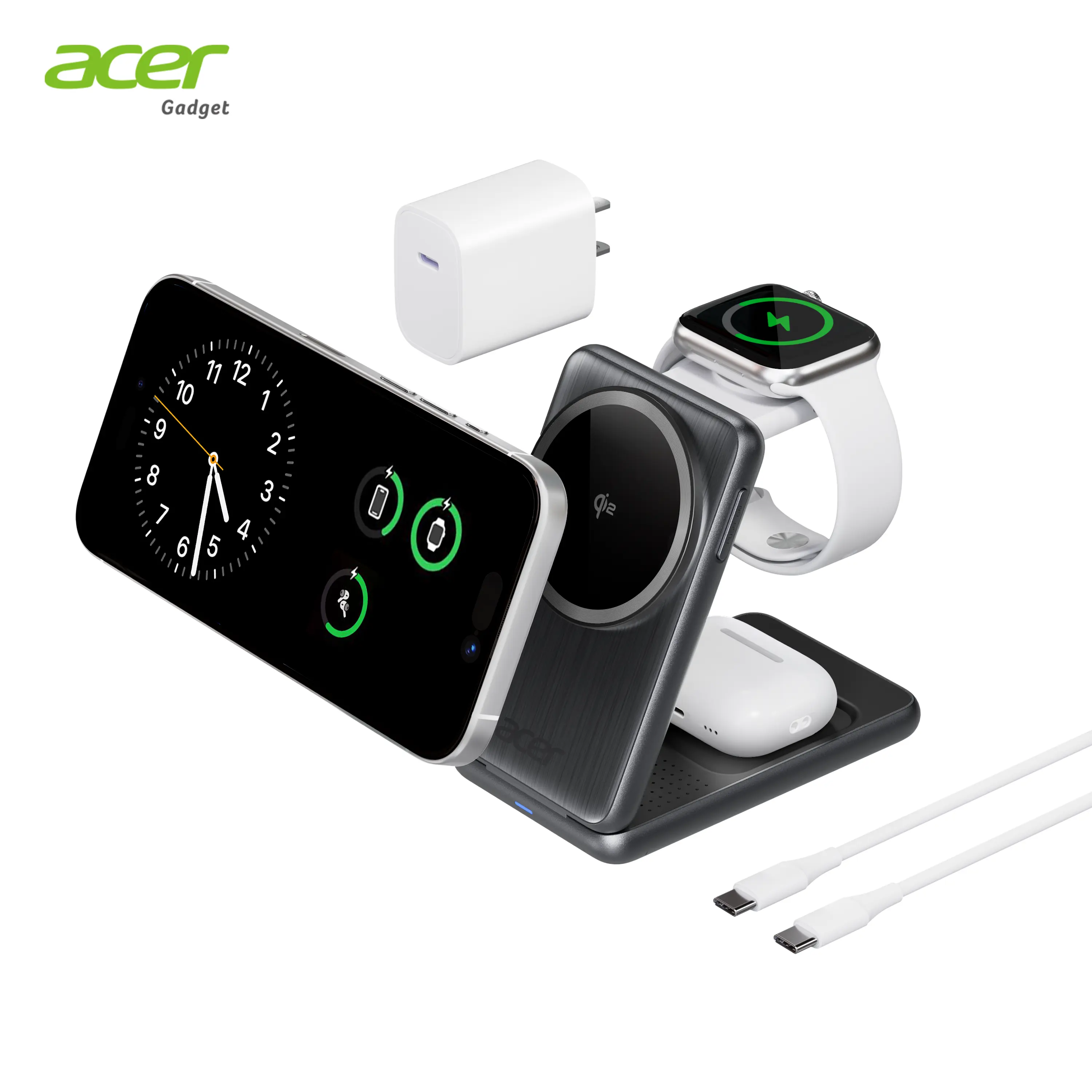Acer S3 3 in 1 Wireless Charging Station, MagSafe Charger Stand Compatible, Qi2 15W Certified Palm-Sized Foldable Charger for iPhone 17/16, Apple Watch, AirPods (Non-Battery, Adapter Included) summerwins