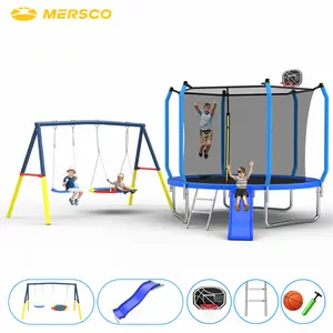 Mersco 10ft Heavy Duty Trampoline with Swing Set, Outdoor Backyard Playground with Safety Enclosure, Slide, Basketball Hoop, Kids Birthday Holiday Gift