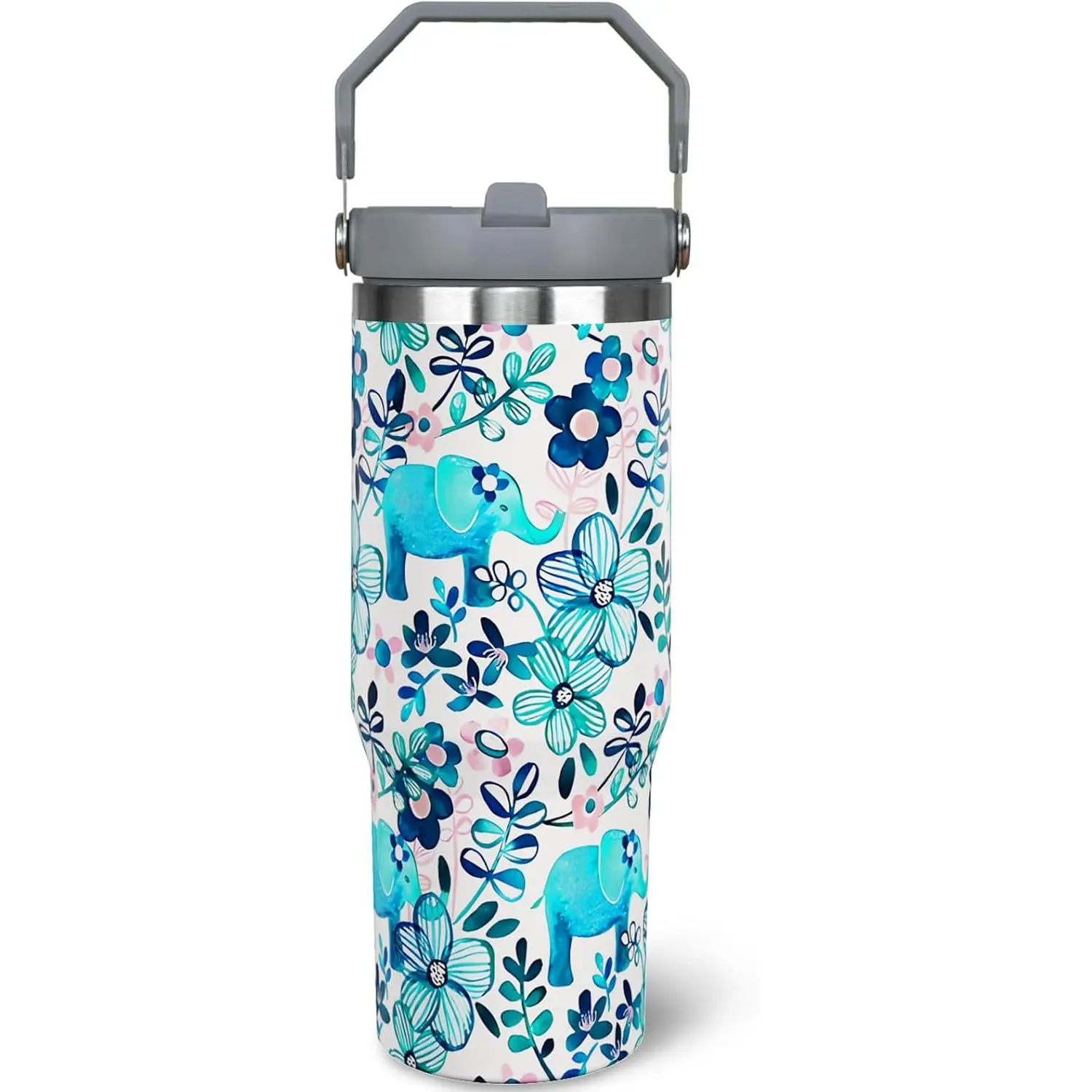30 oz Stainless Steel Insulated Elephant Water Bottle - Portable Reusable Tumbler with Handle, Flip Straw, Leakproof Vacuum Insulation, Coffee Flask, Travel Mug, Casual Birthday Gift for Animal Lovers, Water Bottles, Animals