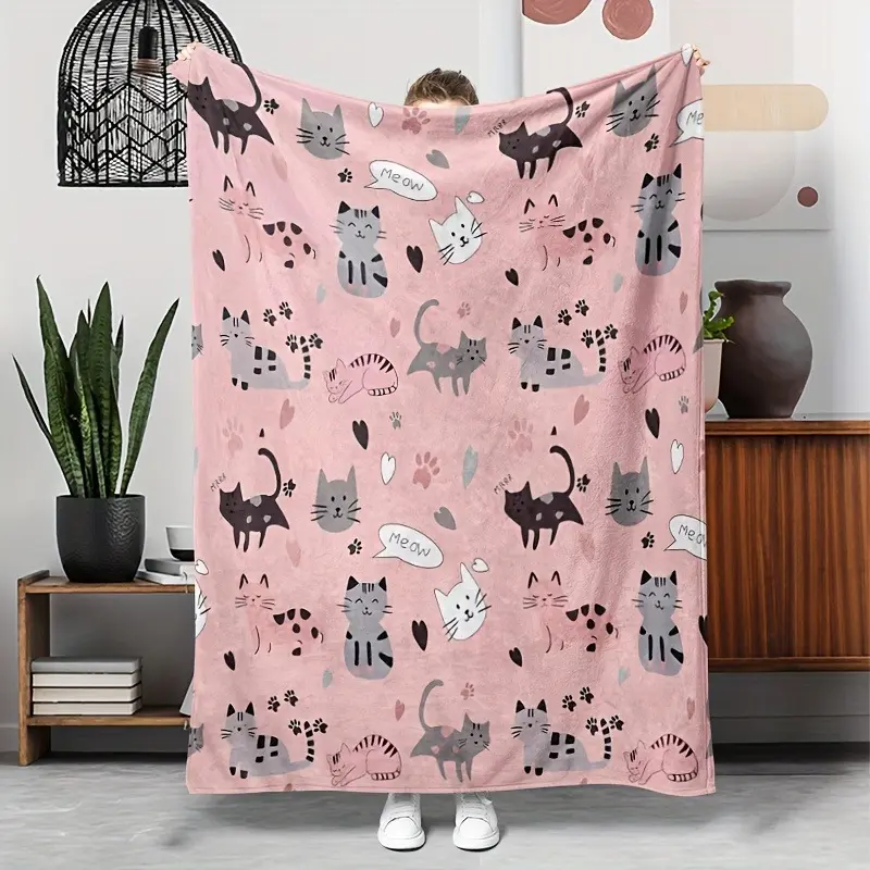 Cute Cat Lover Gift Soft Cozy Flannel Blanket - Pink Cartoon Cat Meow Print Plush Throw, Warm Fuzzy Bedroom Sofa Blanket, Perfect Gift for Cat Mom Women Girls Kids for Birthday Holiday Home Decor, Throw Blankets, Blankets For Kids