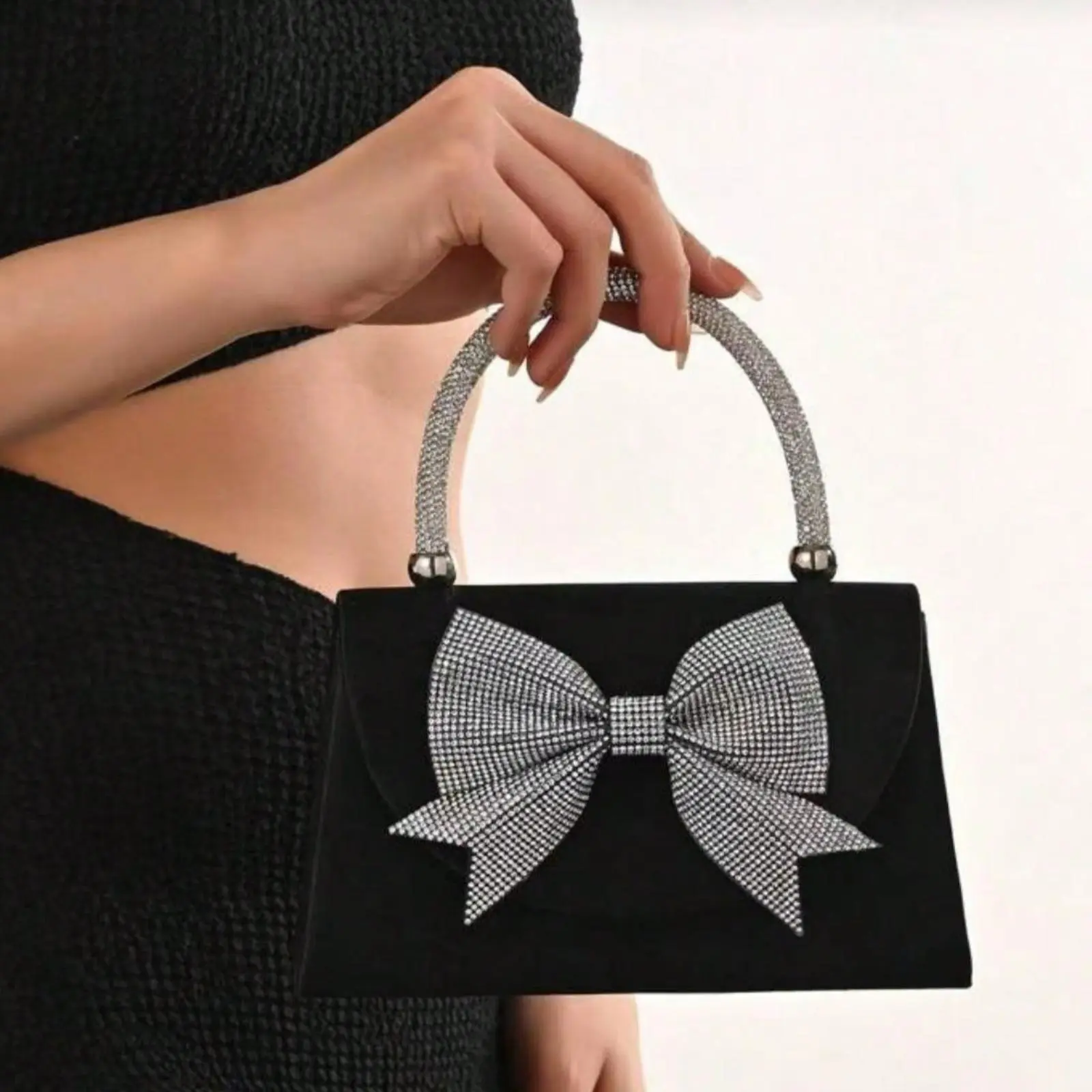 Women's European American Fashion Black Satin Flap Clutch Evening Bag, Chain Shoulder Bag, Luxury Satin Formal Dress Crossbody Bag, Sparkling Elegant Bowknot Rhinestone Decor Party Handbag,  Suitable For Banquet, Party, Birthday, Wedding