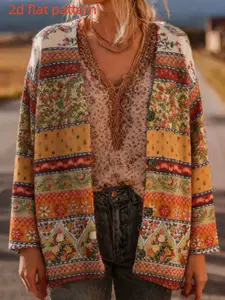 Women's V-Neck Long Sleeve Cardigan, Floral Pattern Digital Print, Fashionable Fall Winter Top, Trendy Ladies' Thin Sweater Coat