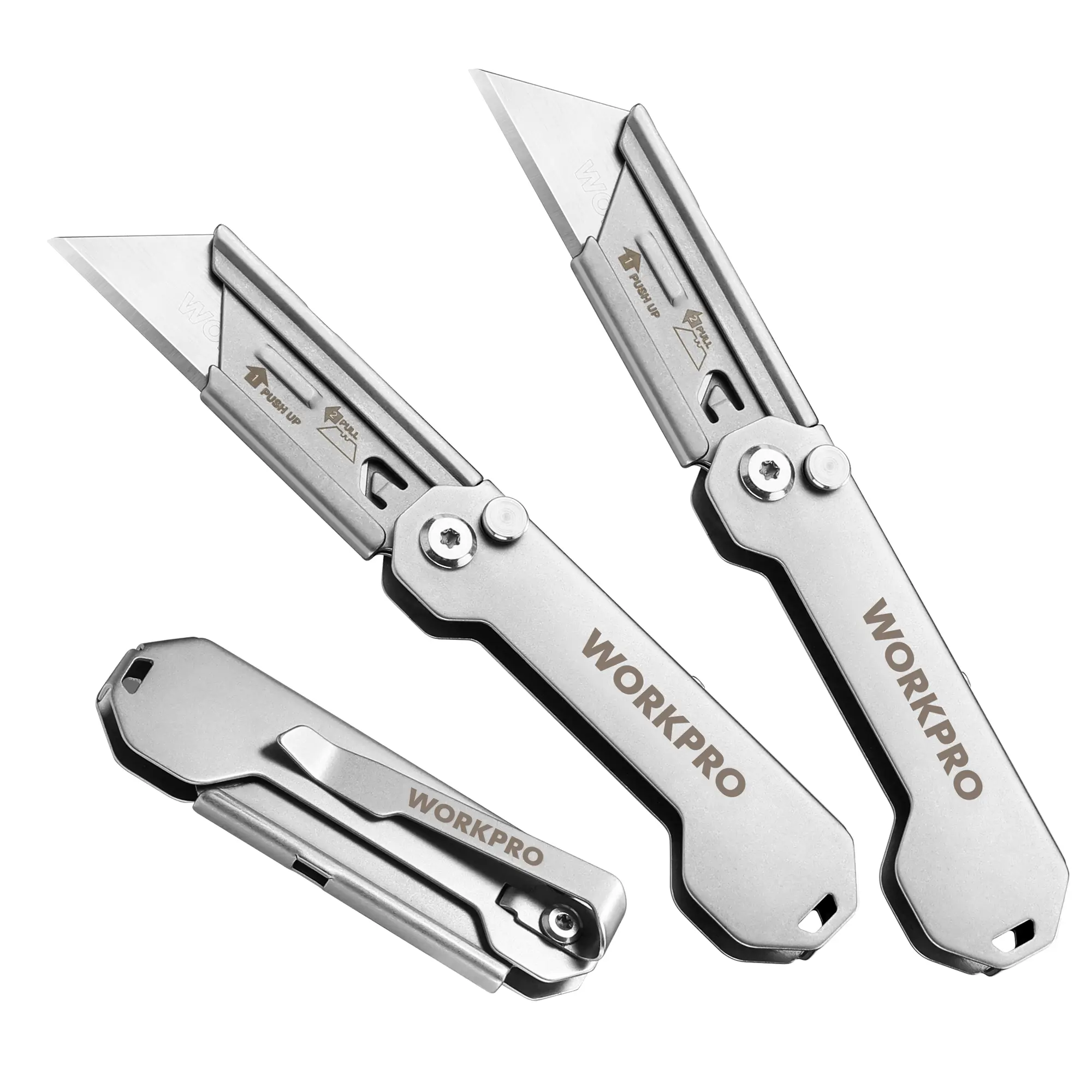#summersale WORKPRO 3-Pack Folding Utility Knife, Quick Change Blades Box Cutter, EDC Foldable Pocket Utility Knife Sets with Belt Clip
