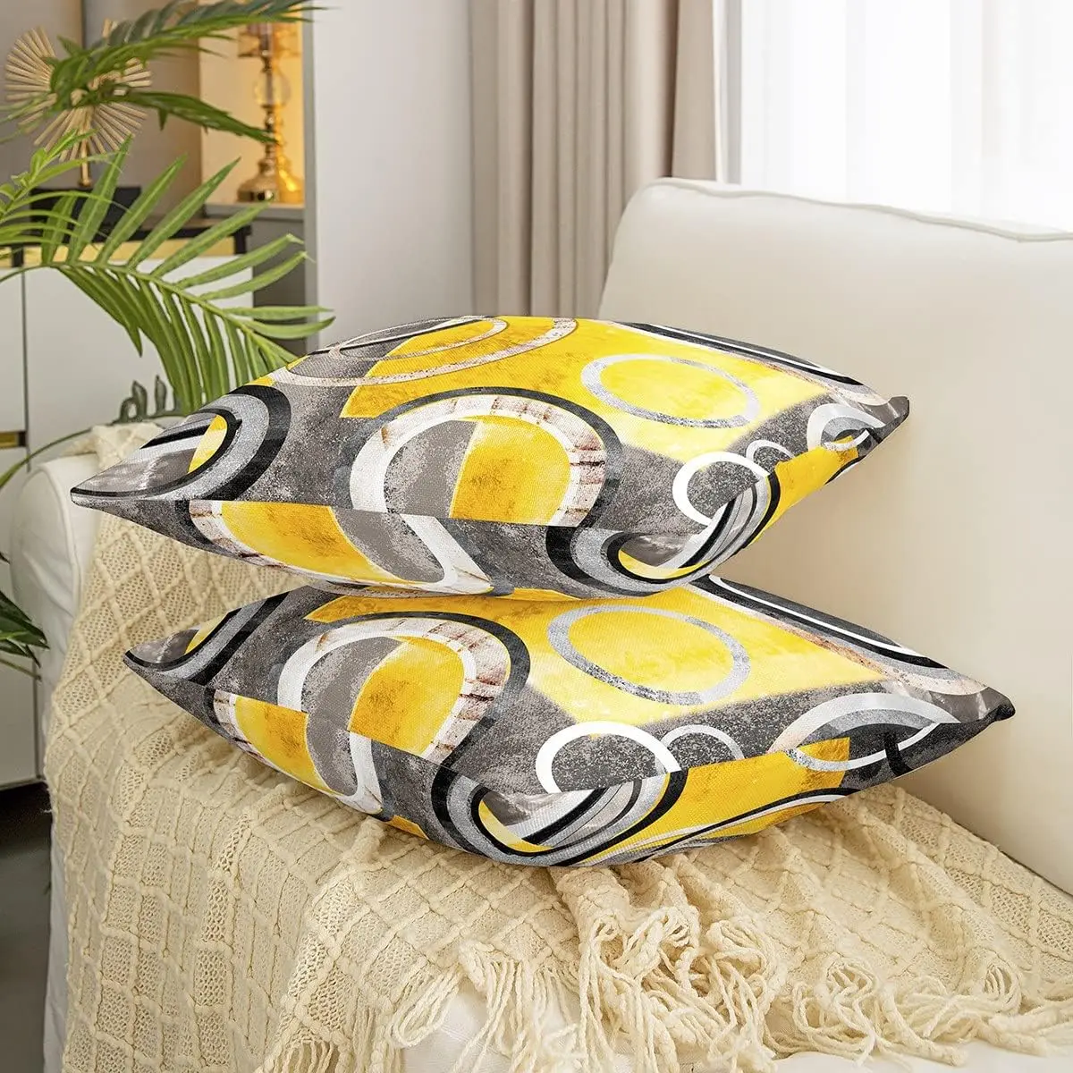 Feelyou Reversible Multicolor Modern Throw Pillow Covers Set of 2 (20x20 in) - Polyester Cushion Covers with Yellow-Grey Geometric Circle, Art, and Stripe Line Designs, Multicolor Cushion Covers, Modern Cushion Covers