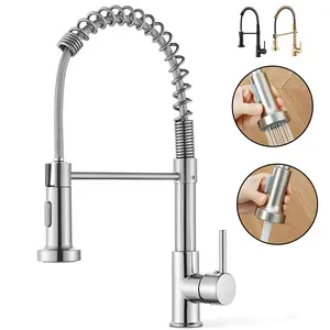 Modern Spring Kitchen Faucet with Pull Down Sprayer, Single Handle Kitchen Sink Faucet Brushed Nickel Stainless Steel High Arc Pull Out Single Hole Kitchen Faucets for Pot Filler, Farmhouse RV Bar Laundry