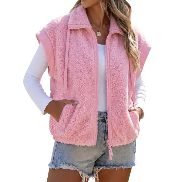 Fisoew Women's Waist-Length Boxy Cut Vest Jacket, Zip-Up Sherpa Fleece, Stand Collar Drawstring Neck, Contrast Cap Sleeve, Fade-Resistant, Fall Winter Warm Layering Teddy Gilet