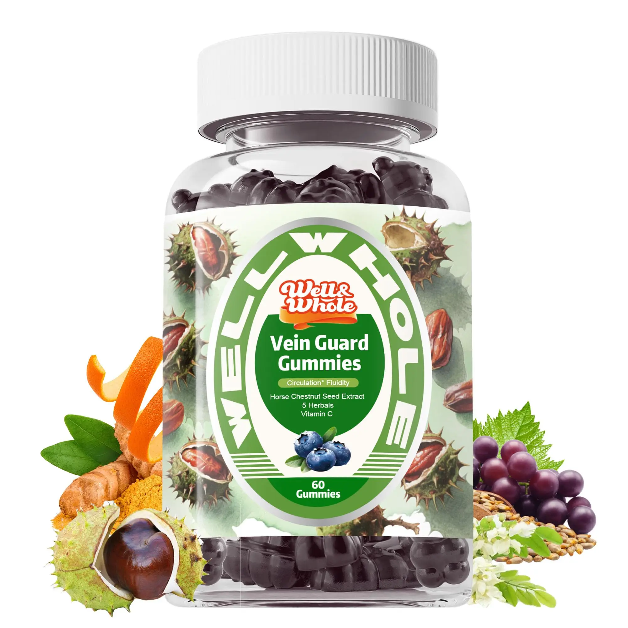 Well&Whole Natural Horse Chestnut Seed Extract Chewable Gummies - Sugar-Free, GMO-Free Leg Relief Supplements for Adults with Rutin, Hesperidin, Antioxidant Botanical Extracts, 60 Counts
