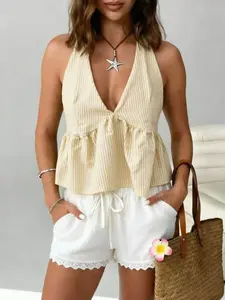Women's Summer Vacation Top, Striped Deep V Neck Sleeveless Backless Vest, Casual Loose-Fitting Gingham Pattern, All Seasons, Boho Backless Camisole