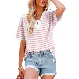 Dokotoo Women's Tops Summer Casual Short Sleeve Shirts V Neck Striped Color Block T-Shirts Blouses