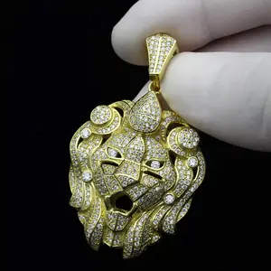 MaxBling81 AAA+ Simulated Diamond Lion Head Charm Pendant, Brass Base with Gold-Silver Plating, Hip Hop Bling Accessories (BCH-1240)