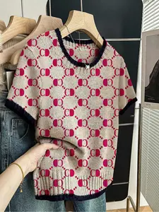 Geometric Letter Print Round Neck Sweater, Casual Short Sleeve Fitted Knitted Knitwear for Spring Summer Fall, Comfortable Warm Women's Clothing Lightweight Knit Sweater
