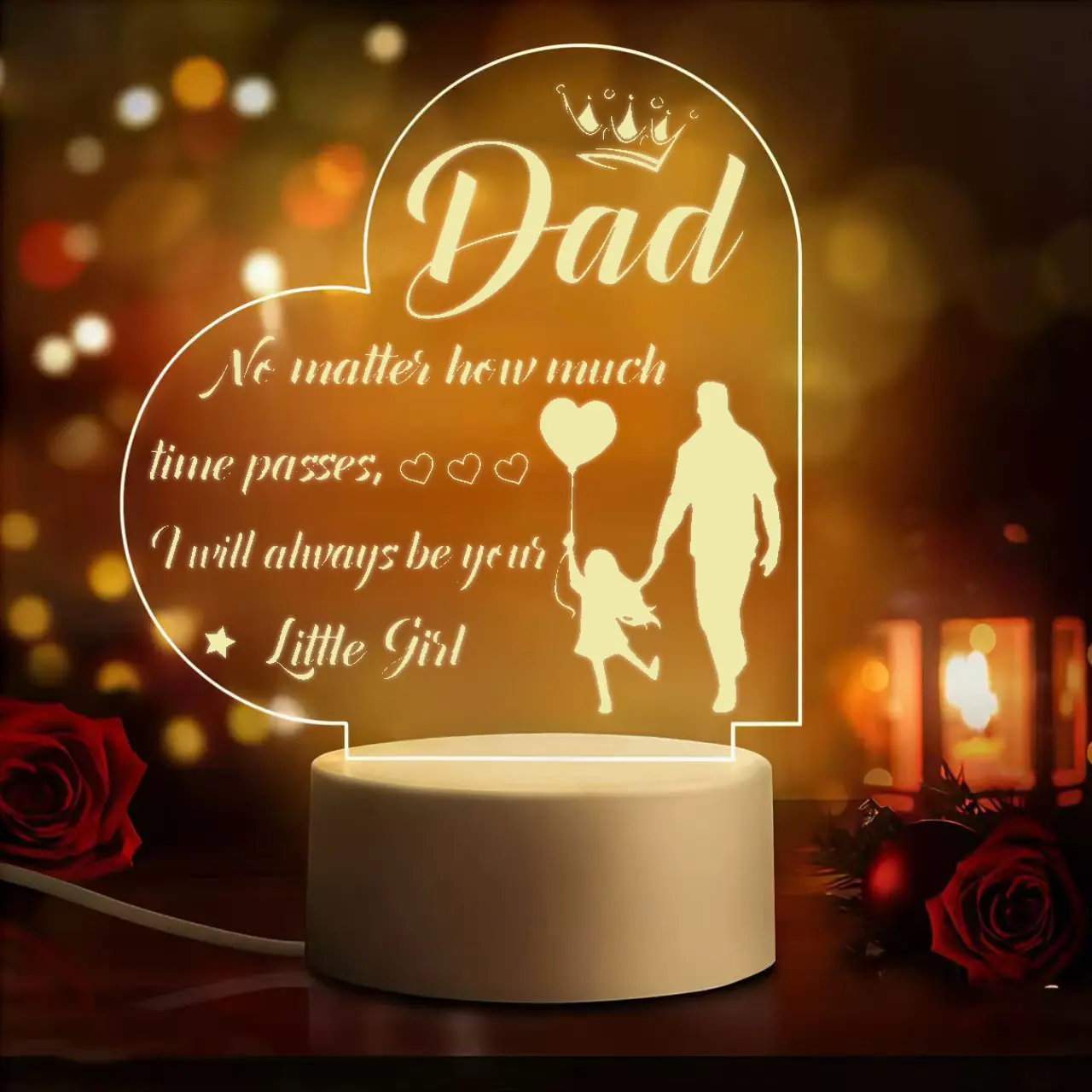 Dad Night Light, 2D Acrylic Heart Shaped Father & Daughter Lamp, Personalized Gift from , Warm White LED Desk Lamp, Father's Day Birthday Christmas Thanksgiving Gift for Dad, USB Powered Night Light, Led Lights, Father's Day Gift Ideas Table Lamp Lighting