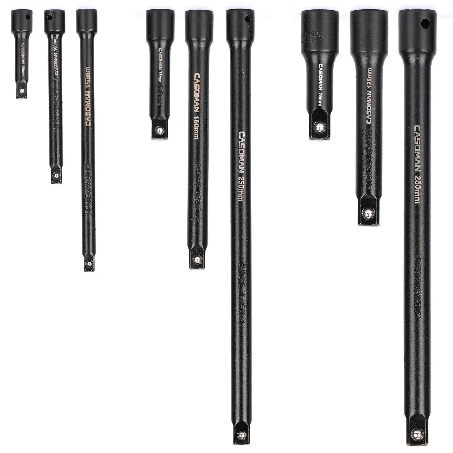 CASOMAN 9-Piece Heavy Duty Extension Bar Set - 1/4", 3/8", 1/2" Multiple Drives Wrench Extend Rods, Cr-V Compatible Chrome Vanadium Steel with Black Phosphate Finish, Mechanic Tools