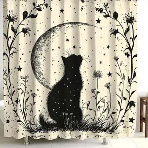 1PC Creative Ink Floral Black Cat Moon Print Shower Curtain, Window Curtains with 12 Hooks Curtain for Windows, Bathroom Decoration Accessories