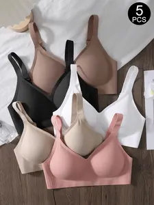 1/2/3/4/5 Piece Set Women's Solid Color Seamless Full Coverage Underwear Bralette, High Quality Wireless Cups with Max Support, Everyday Comfort