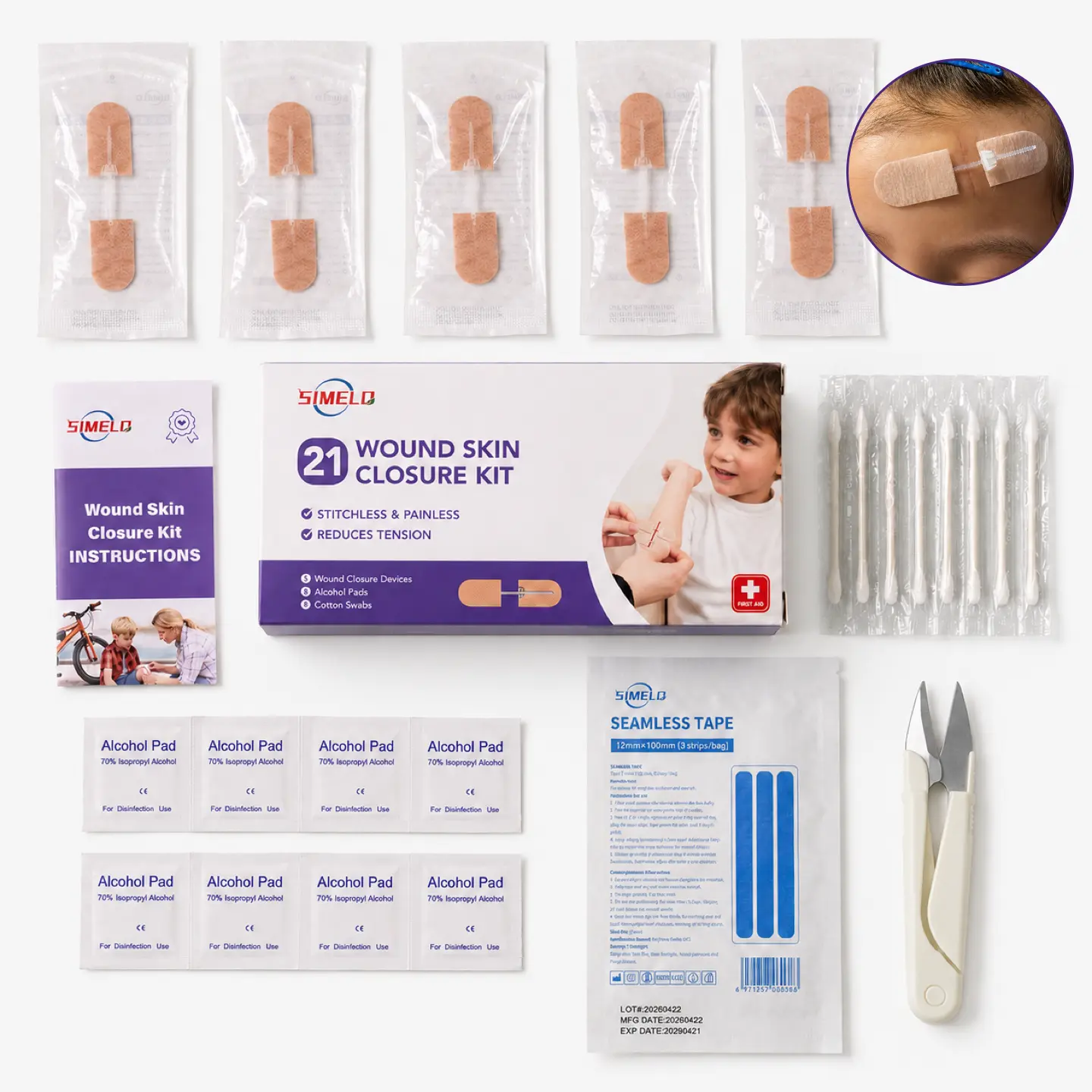 SIMELO Wound Skin Closure Kit– Stitchless & Painless Wound Closure Strips, Suture & Butterfly Bandage Alternative, Adjustable Tension, Family & Emergency First Aid Kit for Cuts & Wounds
