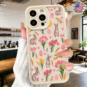 Cute Bunny Easter Floral Pattern Aesthetic Design Case for iPhone 17 16 15 14 Pro Max 13 12 11 XR XS Plus Air Slim Shockproof Anti Drop Protective Durable TPU Cover