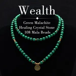 8mm Green Malachite Healing Crystal Stone 108 Mala Beads Money Attraction Necklace Long Beaded Wrap Bracelets Genuine Gemstone Mala Prayer Beads Lotus Buddha Charm Yoga Meditation Necklace Jewelry Necklace for Ideal Gift , Lotus Pendant,Long Chain