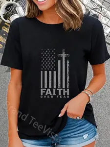 Men's Graphic T-Shirt - Vintage 'Faith Over Fear' American Flag Print, 100% Cotton Short Sleeve Streetwear Top