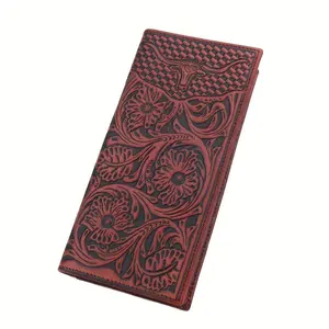 Vintage Floral Full Grain Leather Wallet Western Cowboy Ox Head Embossed Long Checkbook Wallet For Men Credit Card Holder Wallet, Gift for Men