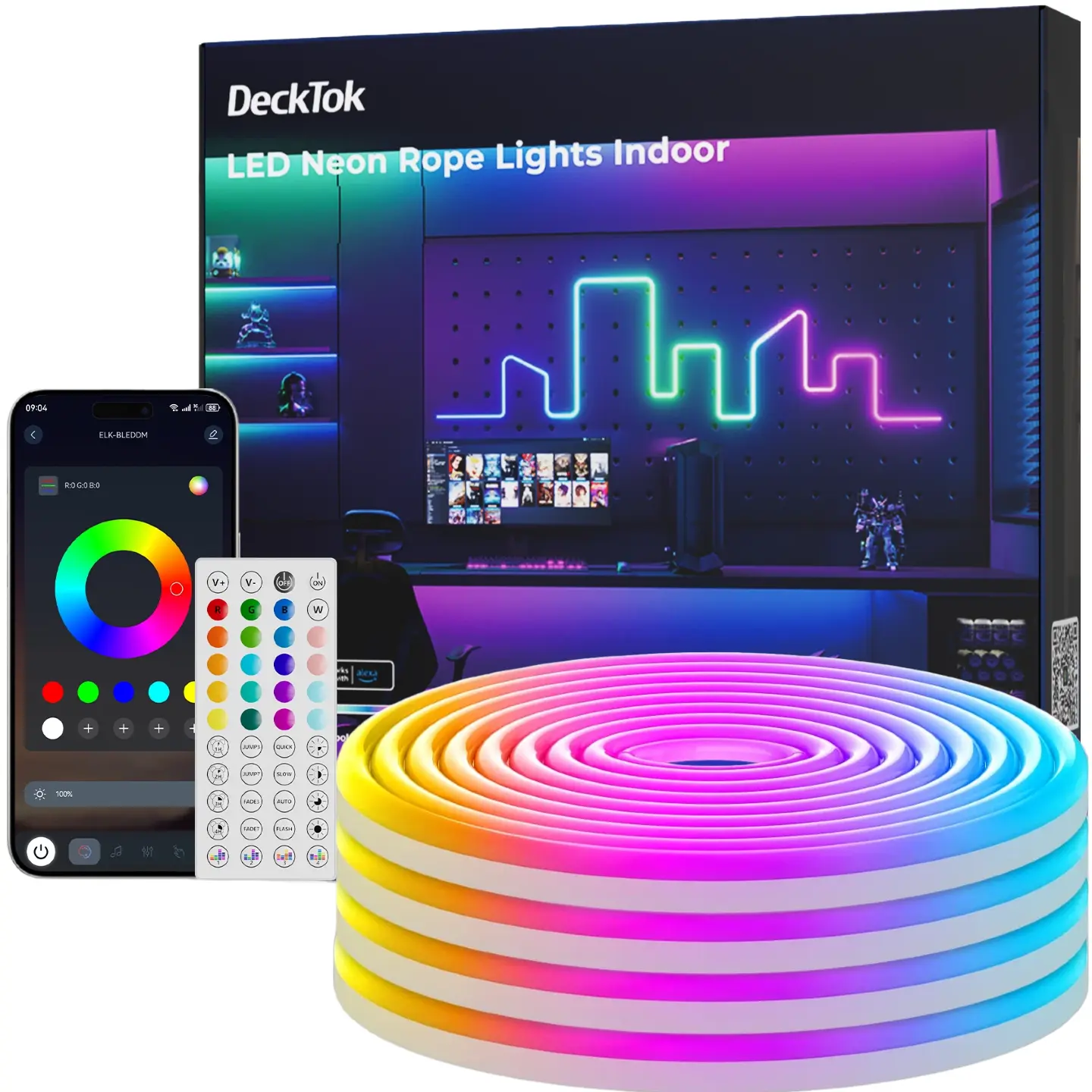 100FT LED neon Lights with Remote APP Control IP65 Waterproof Flexible Music Sync Neon Strip Lights 24V RGB Rope Lights for Bedroom Room Outdoors Decoration