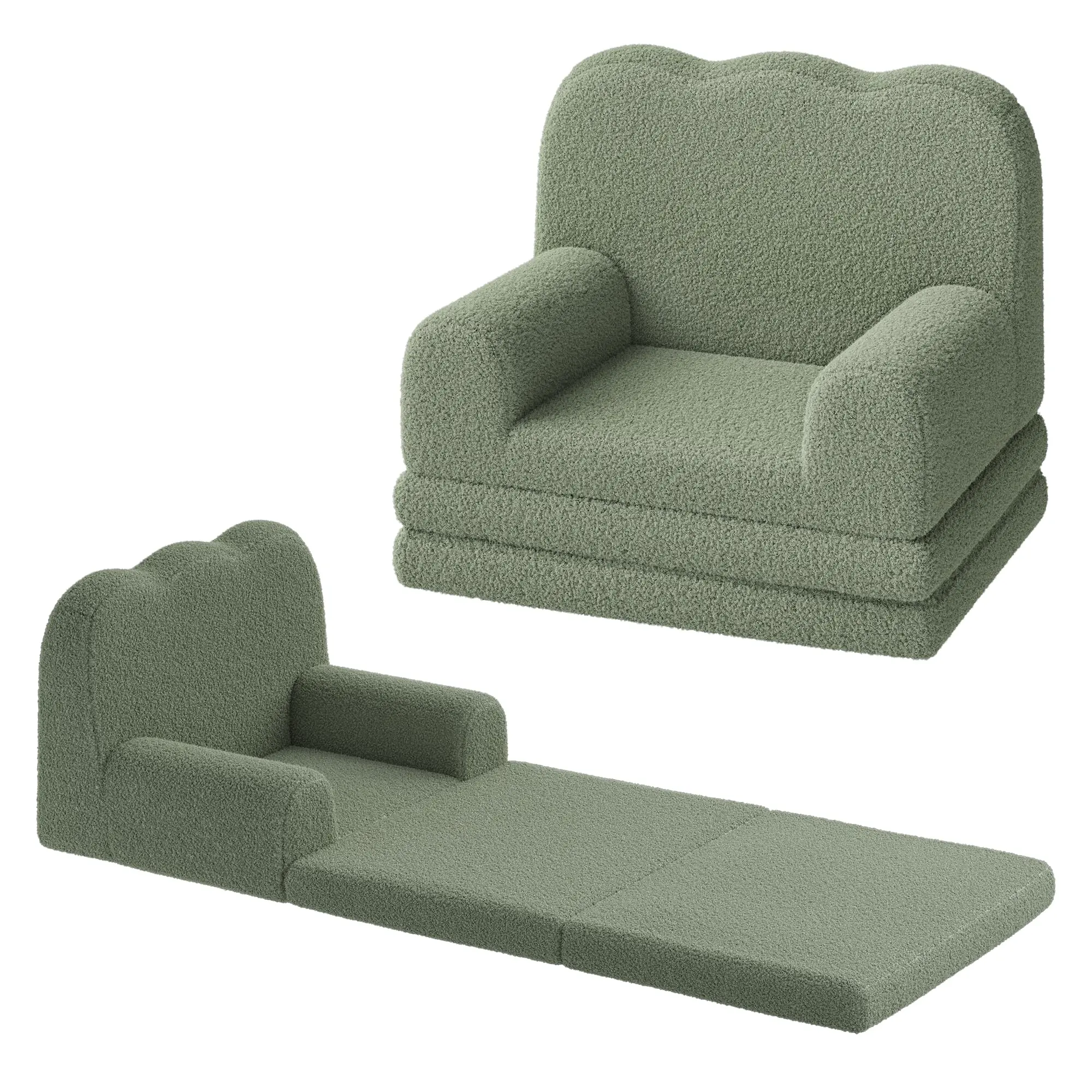 Kids Couch, 2-in-1 Convertible Teddy Fleece Fabric Toddler Sofa Chair, Soft Fold Out Couch Lounger for Kids, Comfy Children's Sofa Bed for Playroom, Nursery, Birthday Gift, Green
