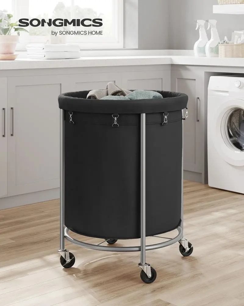 【Deals For You】Laundry Basket with Wheels, Rolling Laundry Hamper, Round Laundry Cart with Steel Frame and Removable Bag ,Organiser
