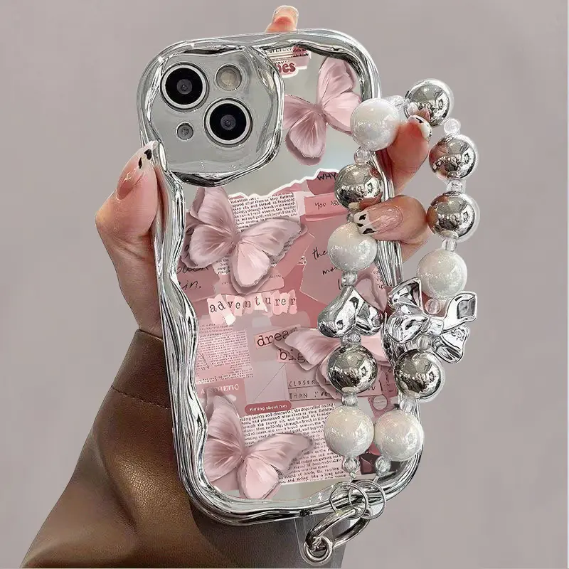 Silver Electroplated Curved Edge TPU Smartphone Case with Pearl Bracelet Lanyard - Drop-Resistant, Durable, Unique Design Thick Cover for iPhone 11-16 Pro/ProMax/Plus | Handheld Cellphone Accessories, Casing
