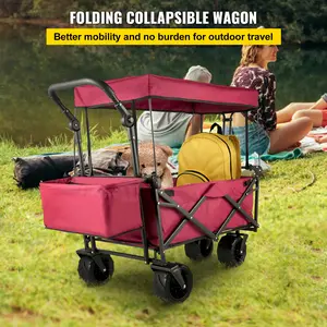 【Spotlight Day】VEVOR Extra Large Collapsible Garden Cart with Removable Canopy, Folding Wagon Utility Carts with Wheels and Rear Storage, Wagon Cart for Garden, Camping, Grocery Cart, Shopping Cart, Red